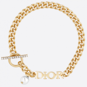 2020 Dior White Resin Bead and Crystal Accent Gold Finish Metal Bracelet B1107DVOCY
